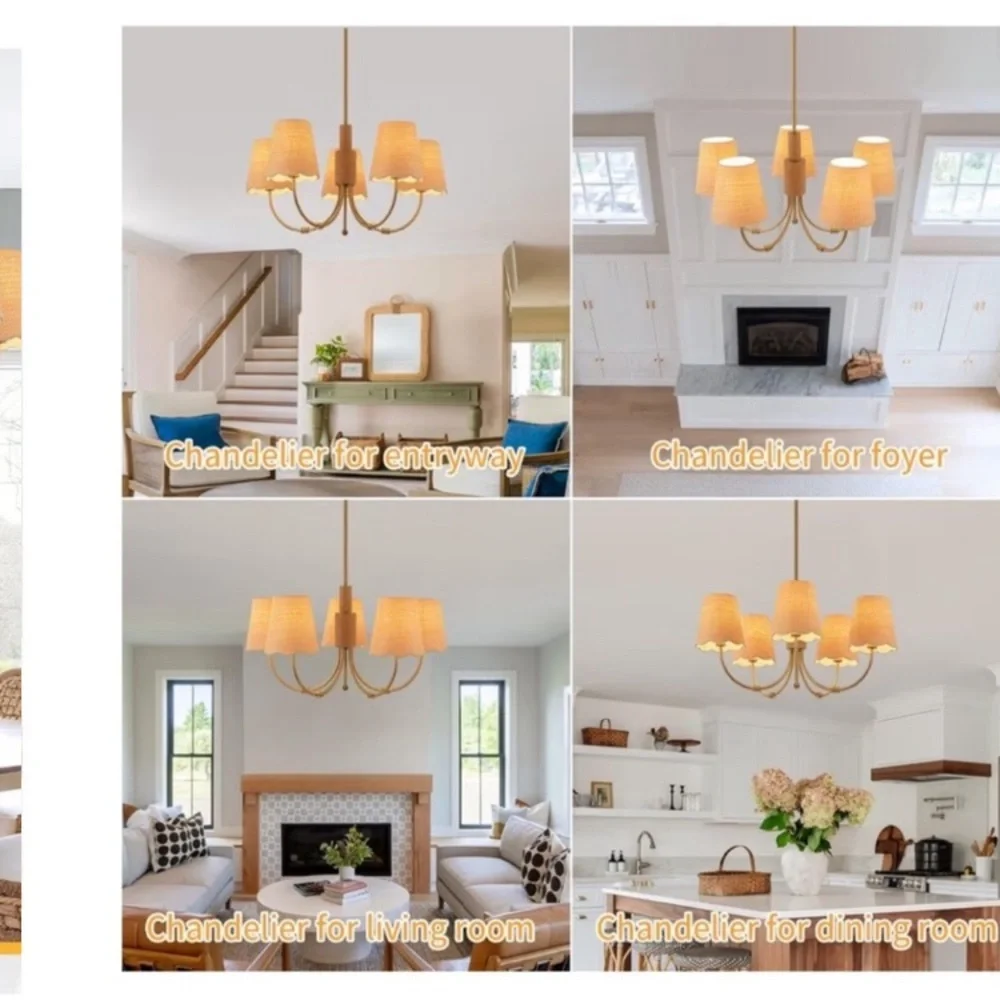 NIB Boho Rattan Chandelier Fabric Shade Antique Gold Brass 5-Lights Hemp Rope